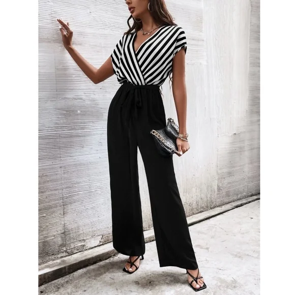 Striped Top V-Neck Surplice Short Sleeve White Black Wide Leg Jumpsuit - Picture 1 of 14
